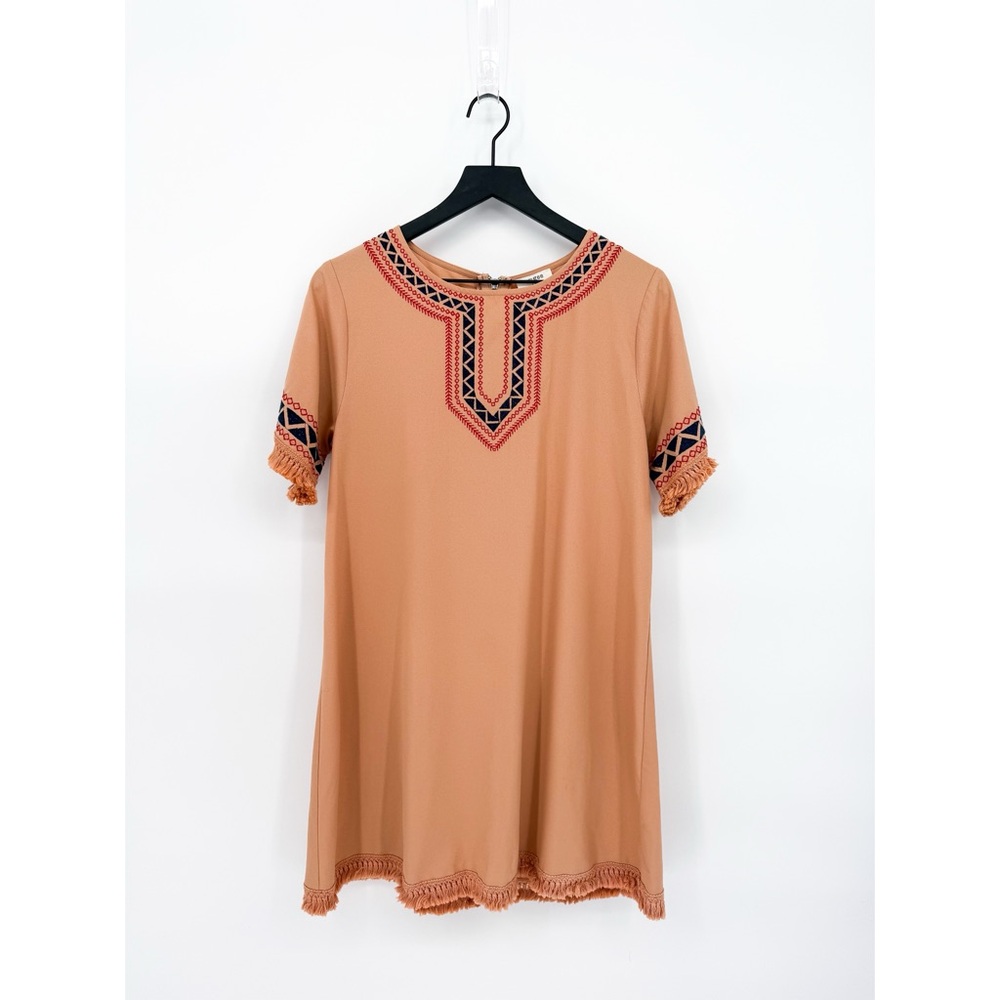 Umgee Geometric Embroidered Fringe Dress Salmon Medium